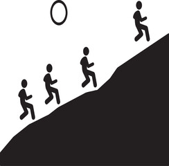People Climbing Steep Hill Representing Progress and Effort Icon Black and White Design