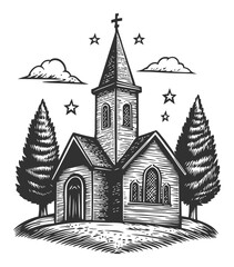 Fototapeta premium Vintage Hand-Drawn Church Illustration with Stars and Trees
