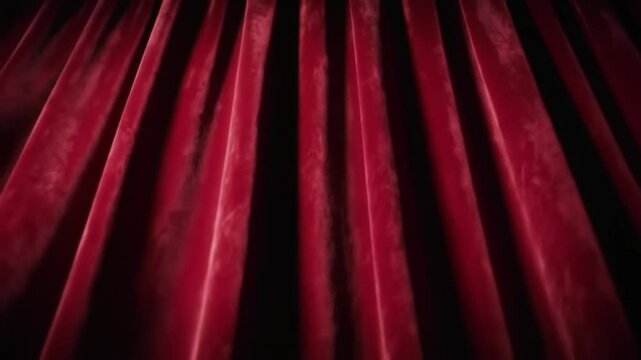 Close up view of a red velvet curtain with vertical folds and dark shadows