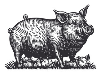 Detailed Vintage Illustration of a Pig with Piglets in Grass