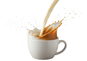 Pouring fresh milk into coffee in a white mug against plain backdrop on transparent background