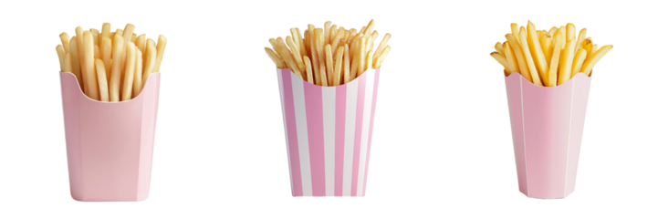 Png of Three stylish containers filled with golden French fries, featuring a pink theme that enhances their appetizing appearance.