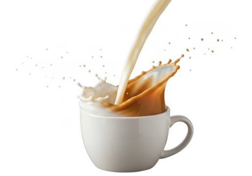Pouring fresh milk into coffee in a white mug against plain backdrop on transparent background