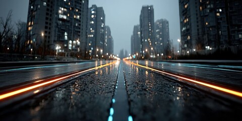 Fototapeta premium Futuristic Cityscape with Glowing Blue Digital Network Lines