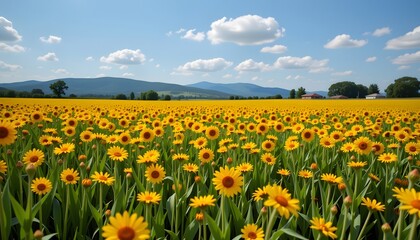 A meadow amidst a garden of beautiful yellow flowers, surrounded by natural mountain views, bright and cloudy skies.