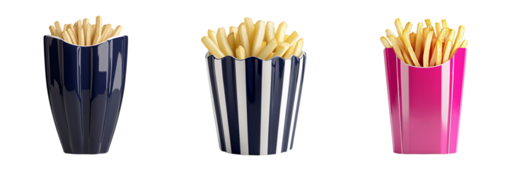 Png of Three stylish containers filled with crispy French fries, showcasing navy, striped, and vibrant pink designs.