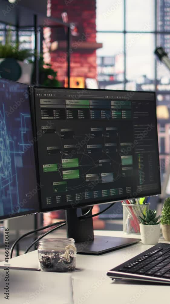 Poster vertical video empty office desk with computer screen showing terminal windows and network neurons. 