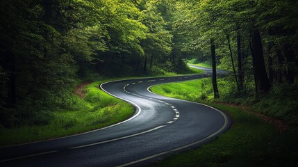 Fototapeta premium Winding asphalt road with white lines curving through a dense green forest landscape scenery view
