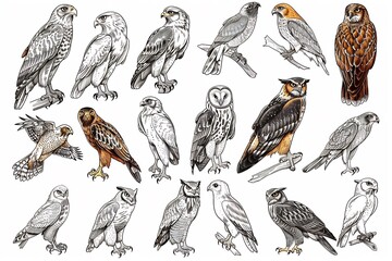Vector raptor collection Eagle Hawk Owl Falcon clean outlines main color white minor gold accent simple background flat design array