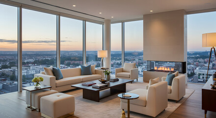 Elegant Living Room With Sunset Cityscape View Interior Design Scene