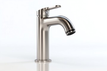 modern touchless sensor faucet, stainless steel finish, isolated on white background with clear reflection