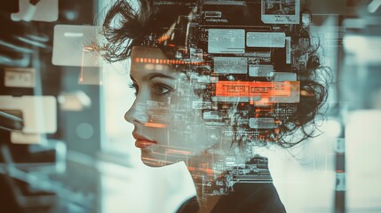 Abstract digital portrait of a woman with futuristic technology overlay art data code grey blue dark