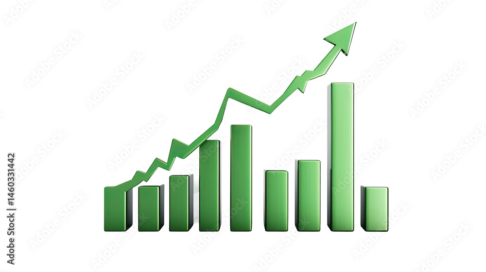 Poster green 3d bar graph showing rapid business growth success data chart arrow on transparent background