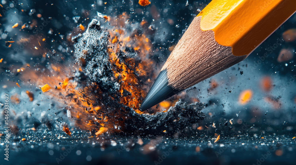 Poster a vibrant pencil tip sketches dynamically on textured paper, surrounded by shavings and gentle parti