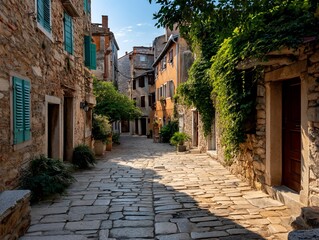 Sundrenched Croatian street with stone buildings