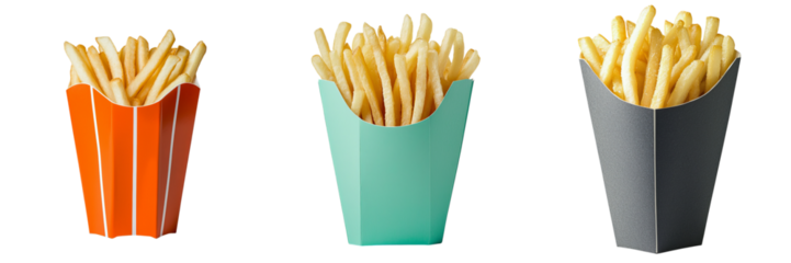 Png of A colorful trio of French fry containers: orange, teal, and black, filled with crispy golden fries.