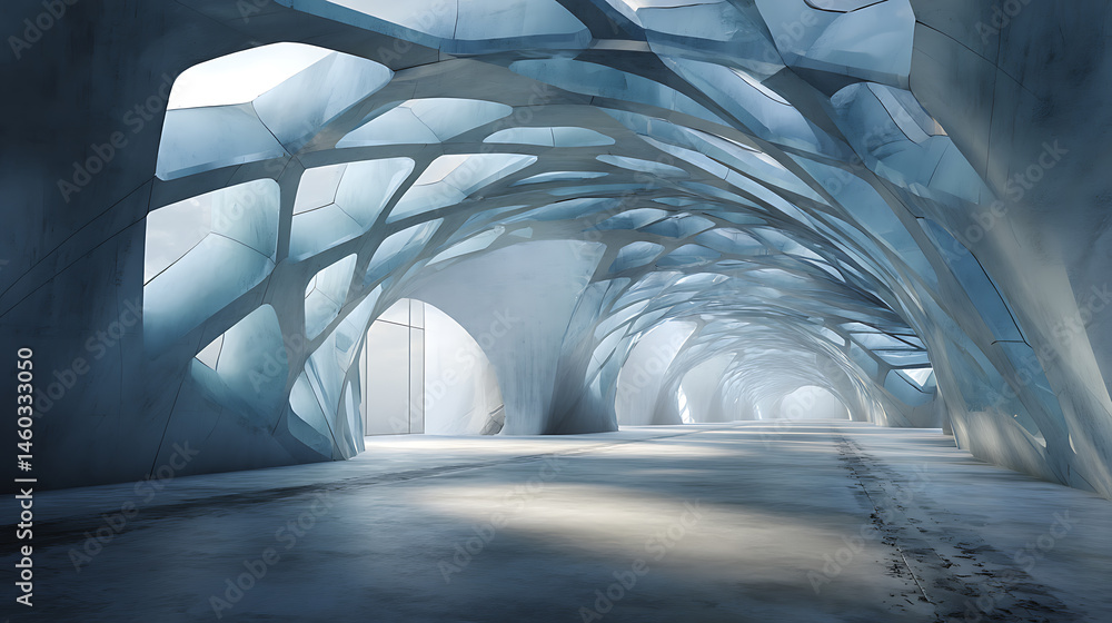 Poster 3D render of abstract futuristic glass architecture with empty concrete floor