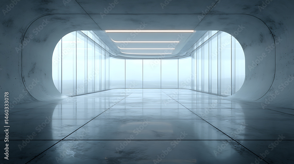Poster 3D render of abstract futuristic glass architecture with empty concrete floor