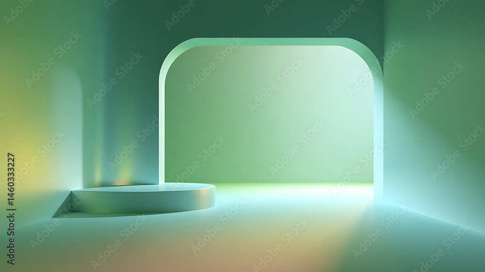 Poster A 3d room with a gradient green background is depicted in an abstract studio setting for product