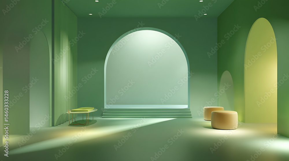 Poster A 3d room with a gradient green background is depicted in an abstract studio setting for product