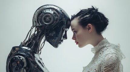 Woman and robot foreheads touching futuristic concept art ai up grey face metal black white close