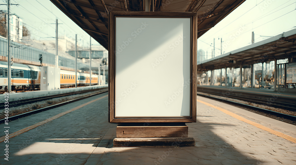 Poster a blank empty canvas poster screen board hanging on a wall at a railway station