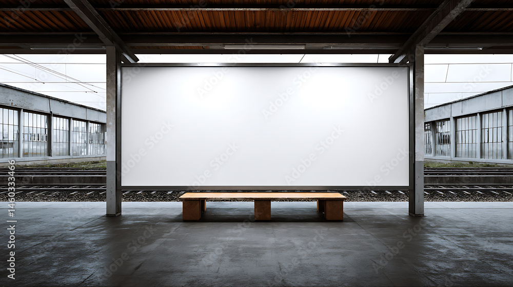 Aufkleber a blank empty canvas poster screen board hanging on a wall at a railway station