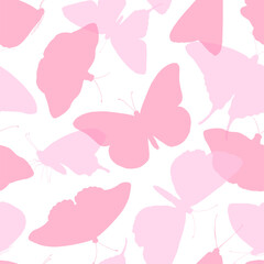 Seamless pastel pink butterfly pattern in soft silhouette style. Whimsical vector illustration with light, airy shapes perfect for baby prints, girly textiles, and spring themed decorations