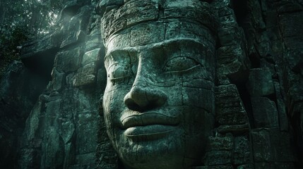 Ancient stone carving face in a jungle setting.