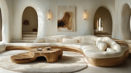 Modern, curved sectional sofa in a light, earthy living room.