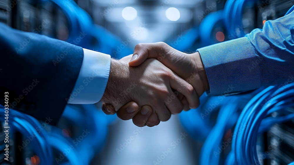 Poster human-robot handshake in tech network, a handshake between a human and a robotic hand amidst a netwo
