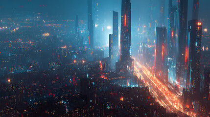 Fototapeta premium A futuristic city at night with many lights