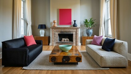 Generative AI, Elegant Living Room with Fireplace and Bold Accents