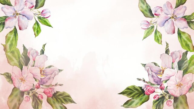 Elegant watercolor frame lamination with apple blossom branches, pink flowers green leaves on a black background. Perfect for greeting cards, wedding invitations, and floral-themed design templates.