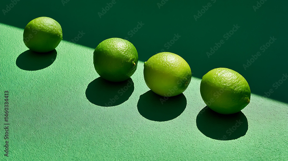 Poster a group of limes sitting on top of a green surface