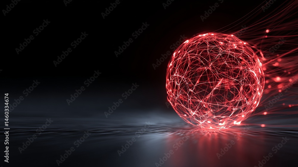 Aufkleber abstract red glowing sphere digital network technology background art dark data mesh lines light