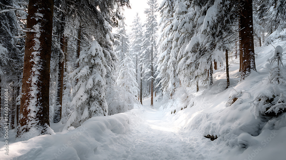 Poster A path in the snowy winter forest with copy space