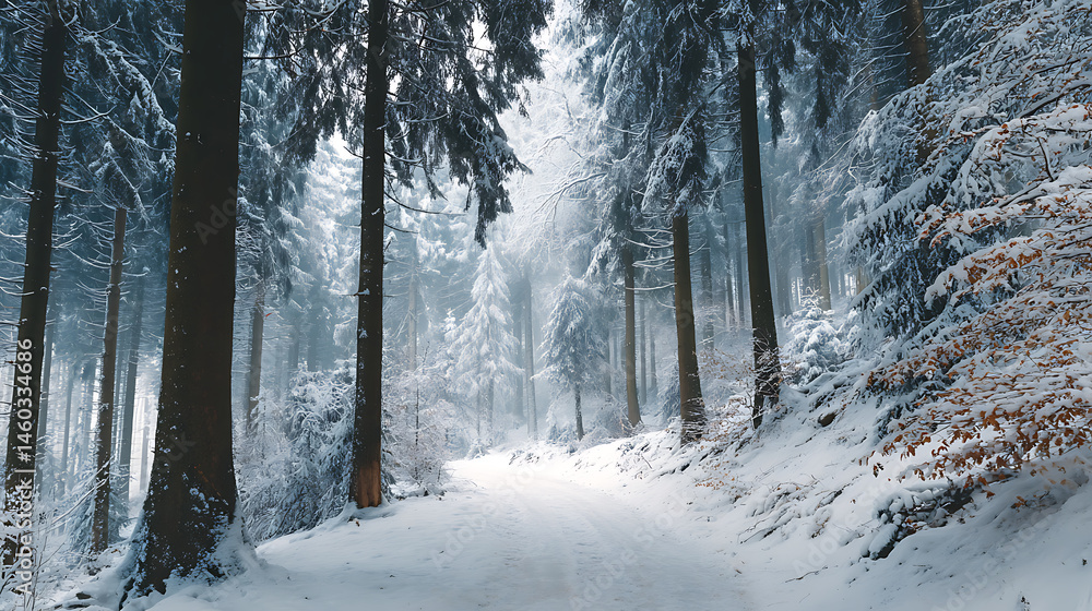 Poster A path in the snowy winter forest with copy space