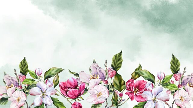 Elegant watercolor frame lamination with apple blossom branches, pink flowers green leaves on a black background. Perfect for greeting cards, wedding invitations, and floral-themed design templates.