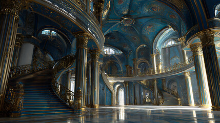 A realistic fantasy blue interior of the royal palace, golden blue palace, castle interior, fiction backdrop, concept art, digital ai art