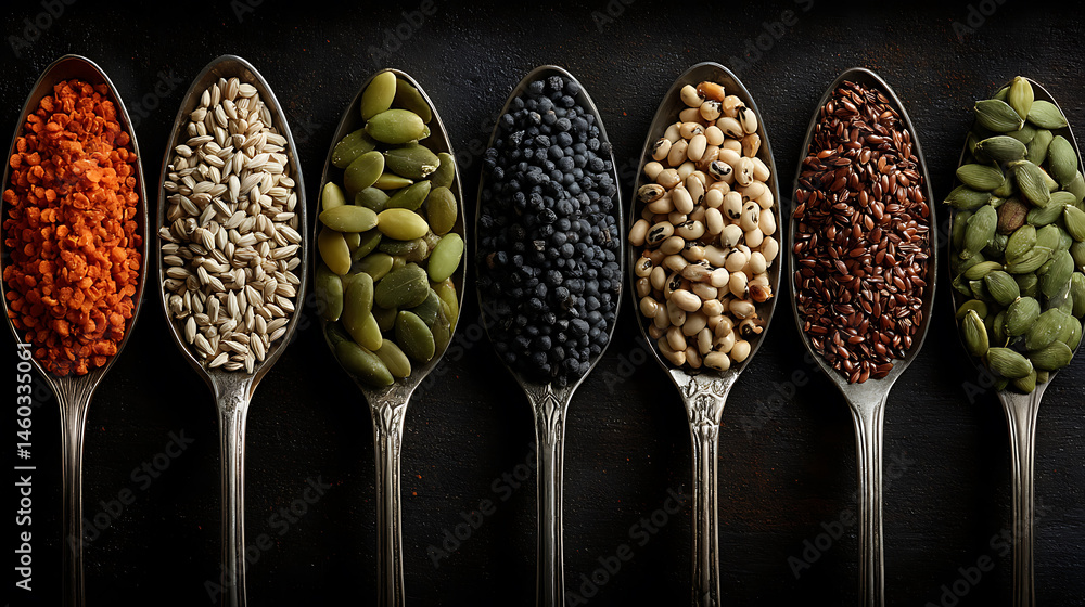 Poster A row of spoons filled with different types of seeds