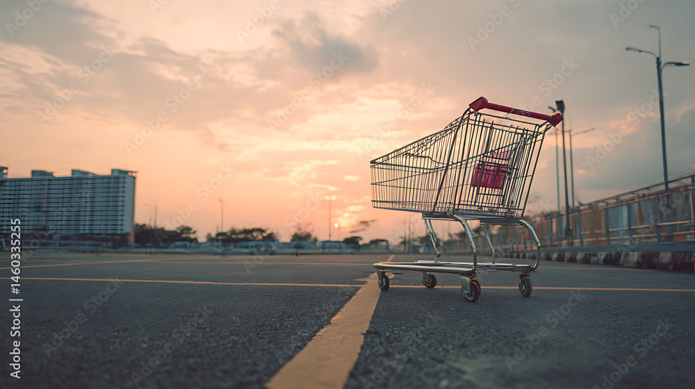 Poster A shopping cart is seen in an empty parking lot creating a serene and isolated atmosphere, creative banner, copyspace image