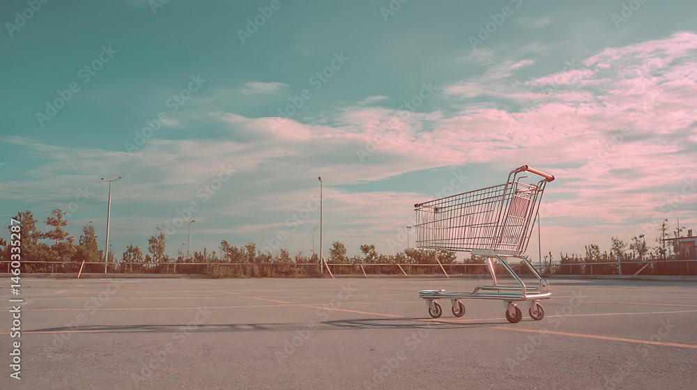 Poster A shopping cart is seen in an empty parking lot creating a serene and isolated atmosphere, creative banner, copyspace image