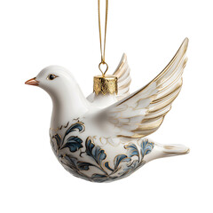 Hand Painted Porcelain Dove Ornament with Blue and Gold Accents Isolated on Transparent Background