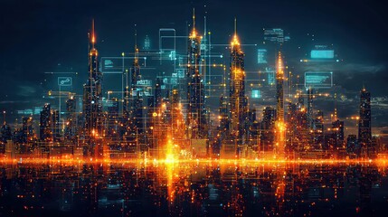 Fototapeta premium Futuristic Cityscape: Digital Metropolis at Night
