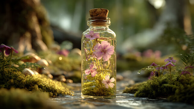 A small jar with a cork with a magic elixir and flowers inside in a clearing in a fairy forest