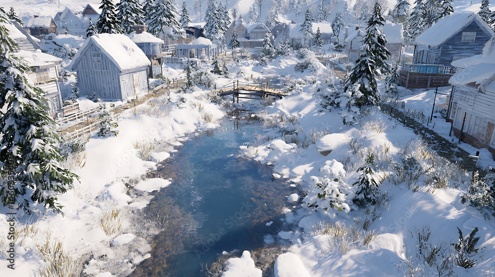 Poster a snowy village with a stream running through it in the middle of winter, ai