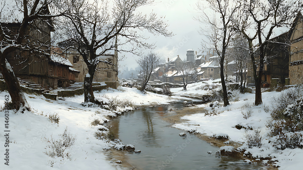 Poster a snowy village with a stream running through it in the middle of winter, ai