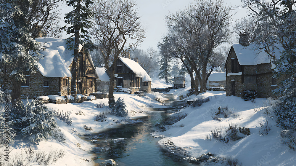 Poster a snowy village with a stream running through it in the middle of winter, ai
