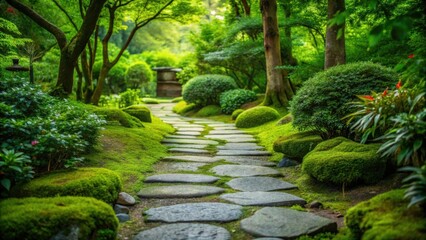 Serene Stone Path Winding Through a Lush, Mossy Garden Paradise
